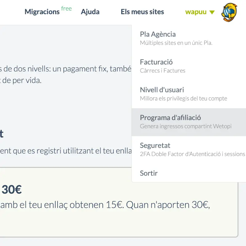 Menú d'accés al Programa d'afiliació. Genera ingressos compartint Wetopi amb el
