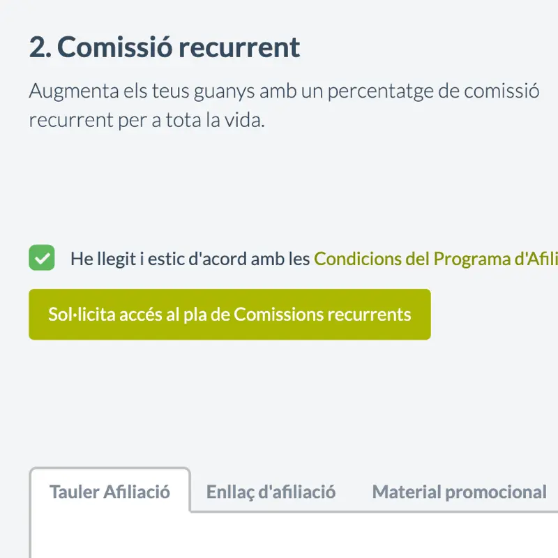 Sol·licita accés al pla de Comissions recurrents del Programa d'Afiliació