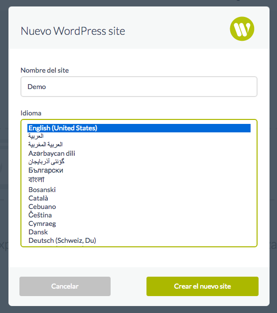 formulario con opciones para poder disponer de un site WordPress