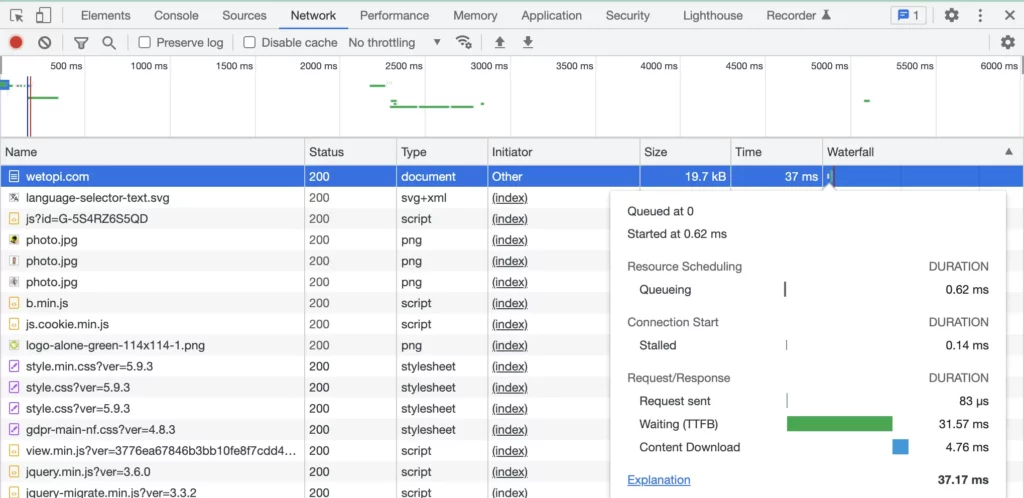 How to check TTFB Time to First Byte in Chrome