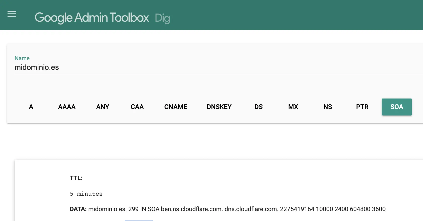 Servicio online Dig de Google Admin Toolbox