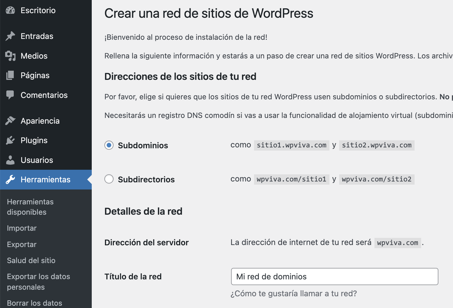 Configuración de la Red de WordPress Multsite seleccionando subdominios