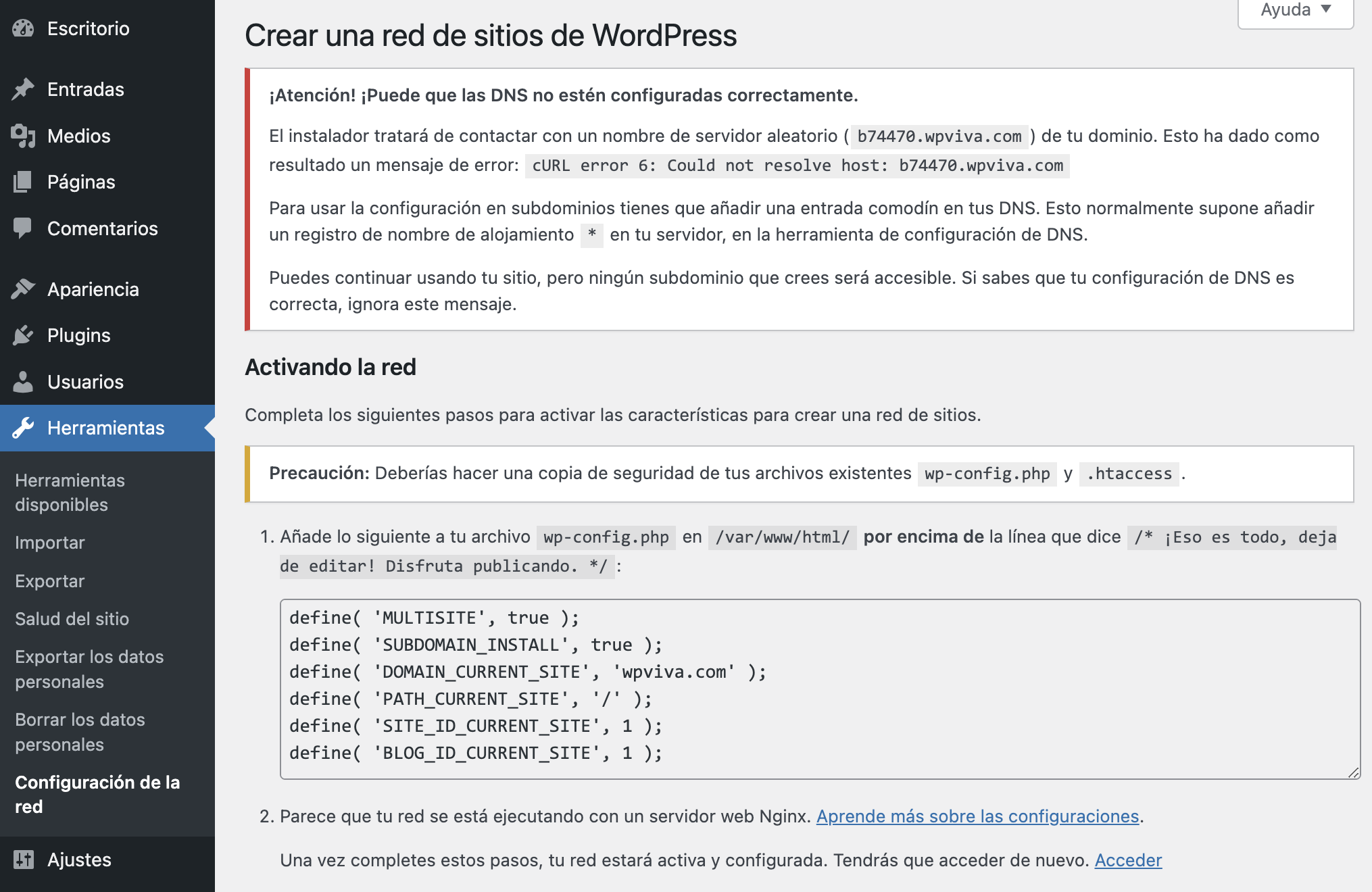 Configuración para activar la red de sitios de WordPress mapeando diferentes dominios