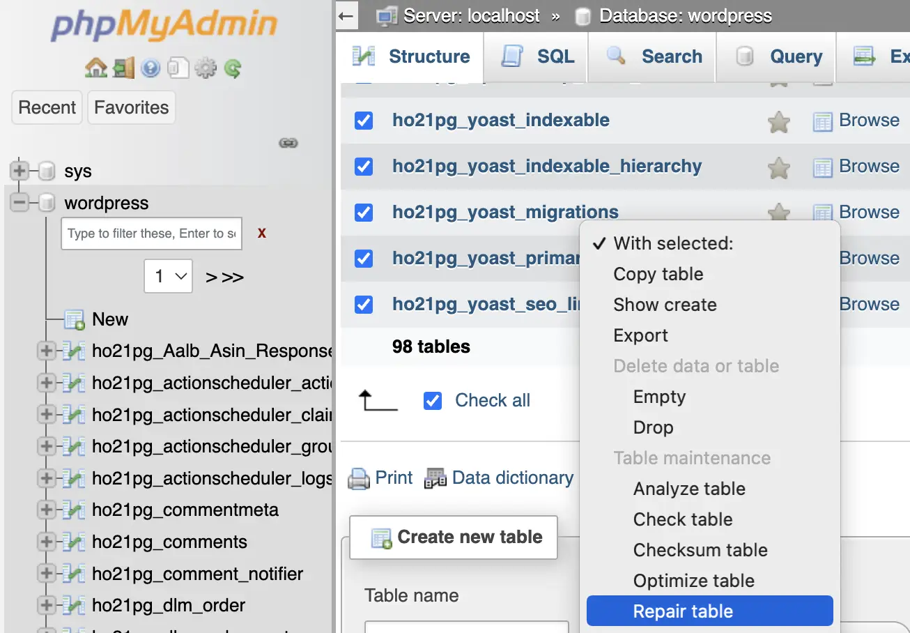 Tornar a taules des de phpMyAdmin