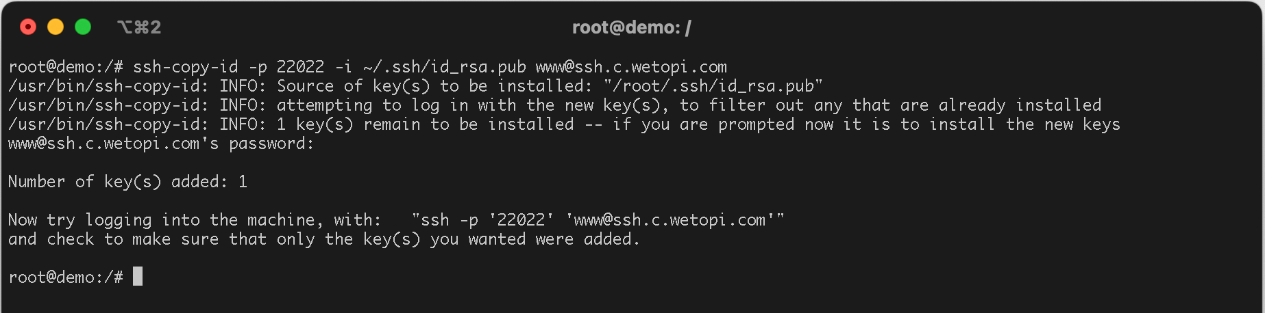 Send a copy of the public key using ssh-copy-id