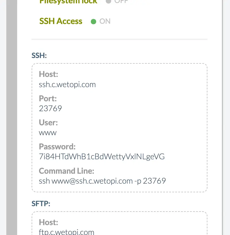 Datos de acceso remoto SSH