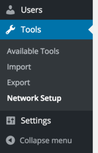 Once enabled WordPress Multisite with subdirectories our Tools menu shows the Network setup