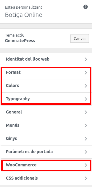 Woocommerce amb GeneratePress: opcions del personalitzador