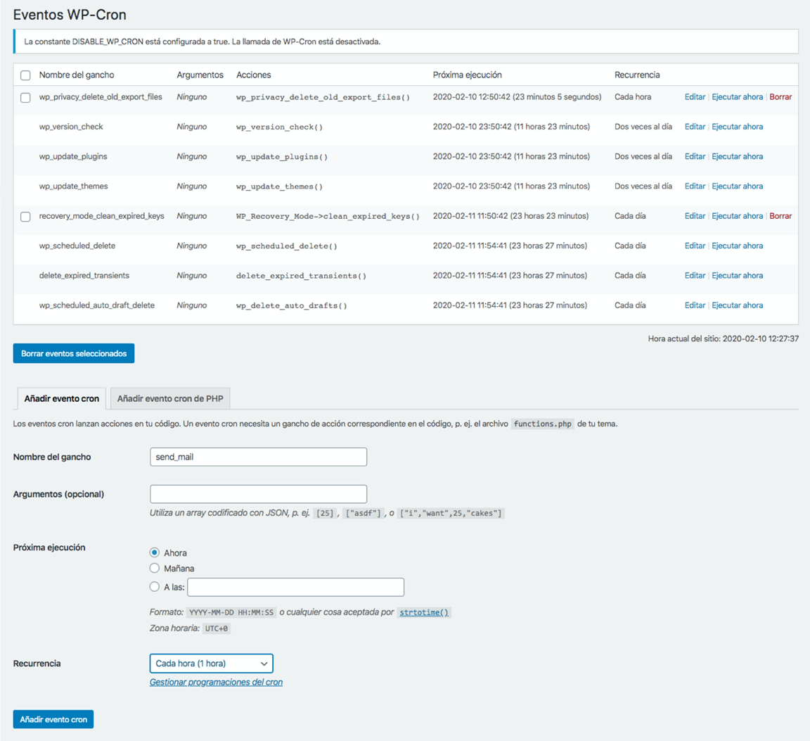 Formulario Eventos WP-Cron para añadir tarea a cron WordPress