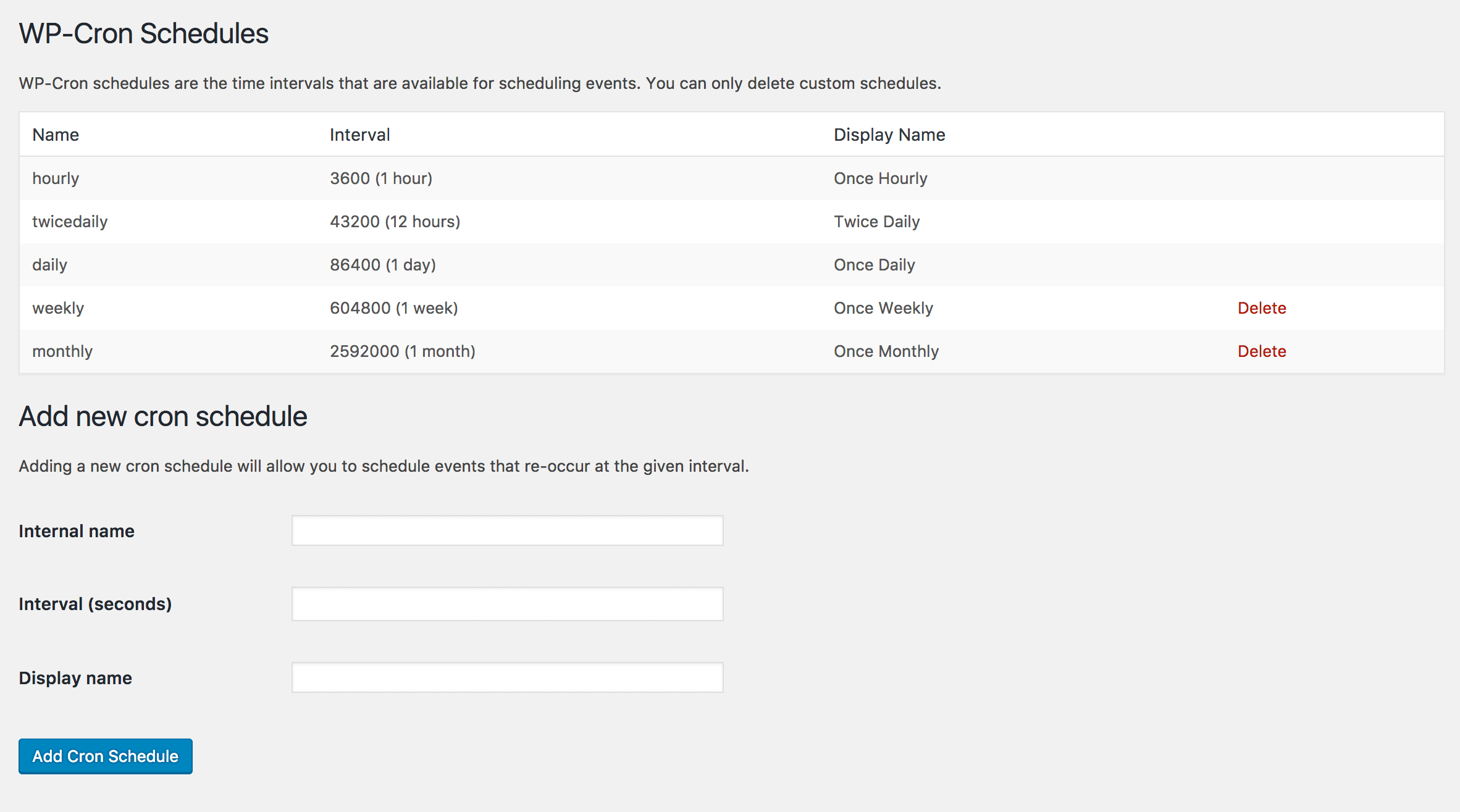 Adding different Cron Job WordPress schedule intervals with WP Control plugin