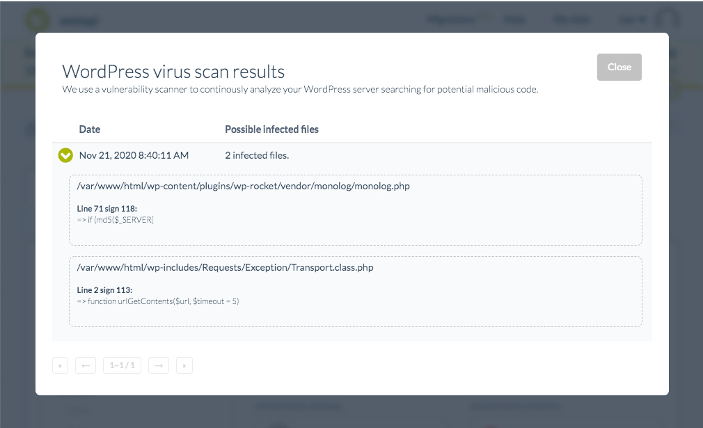 WordPress Security Malware scan log results