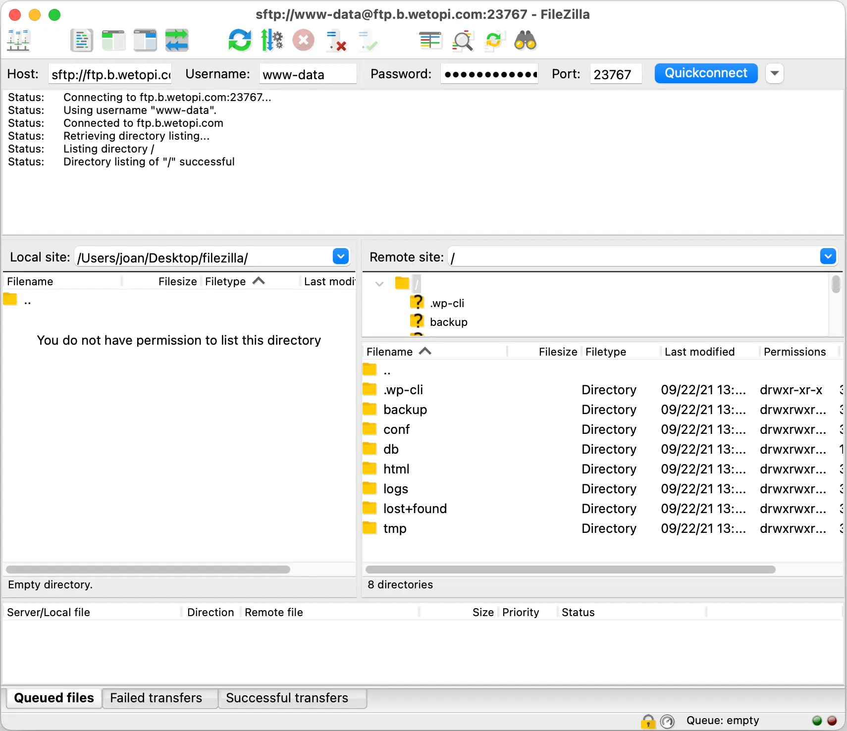 FileZilla main screen with an open SFTP connection