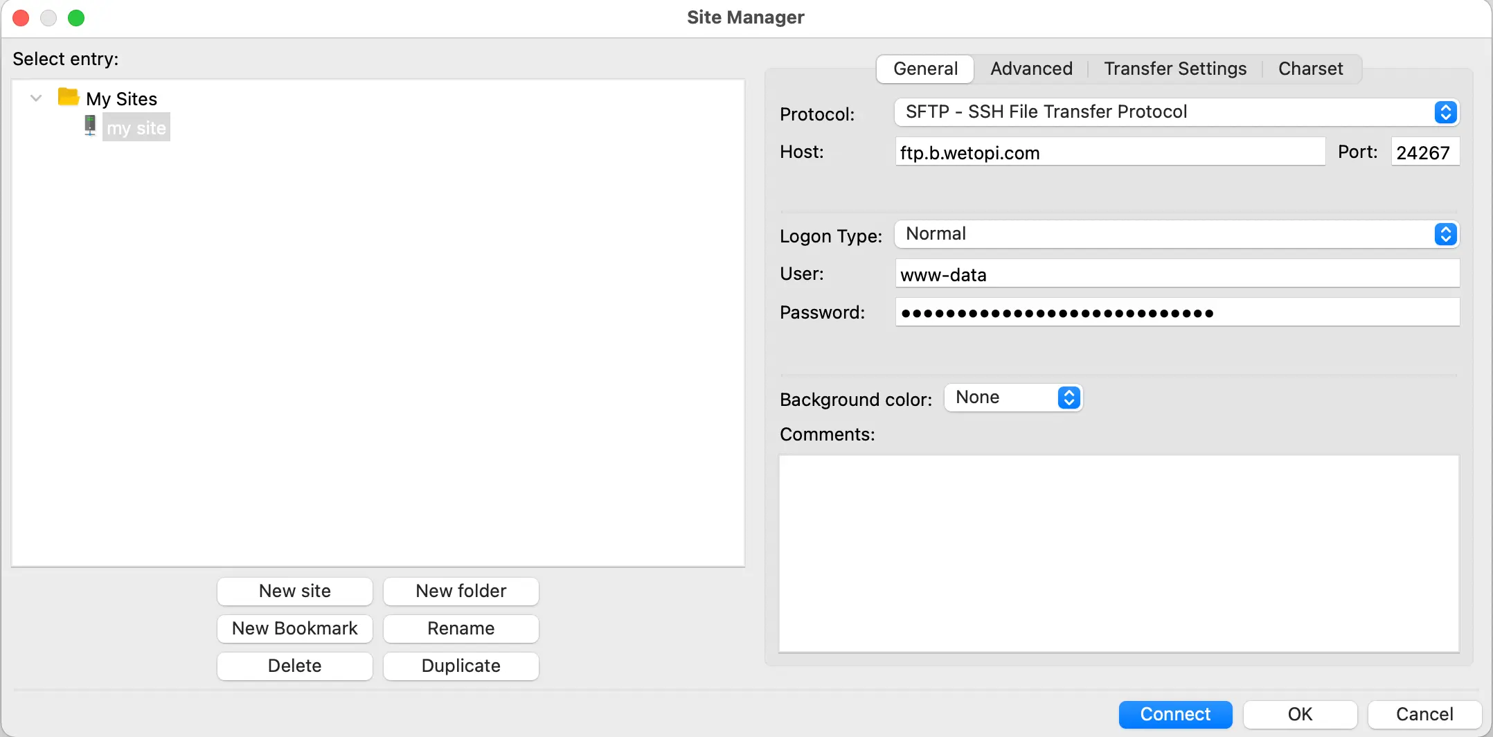 Floating window to save connection data in FileZilla's Site Manager