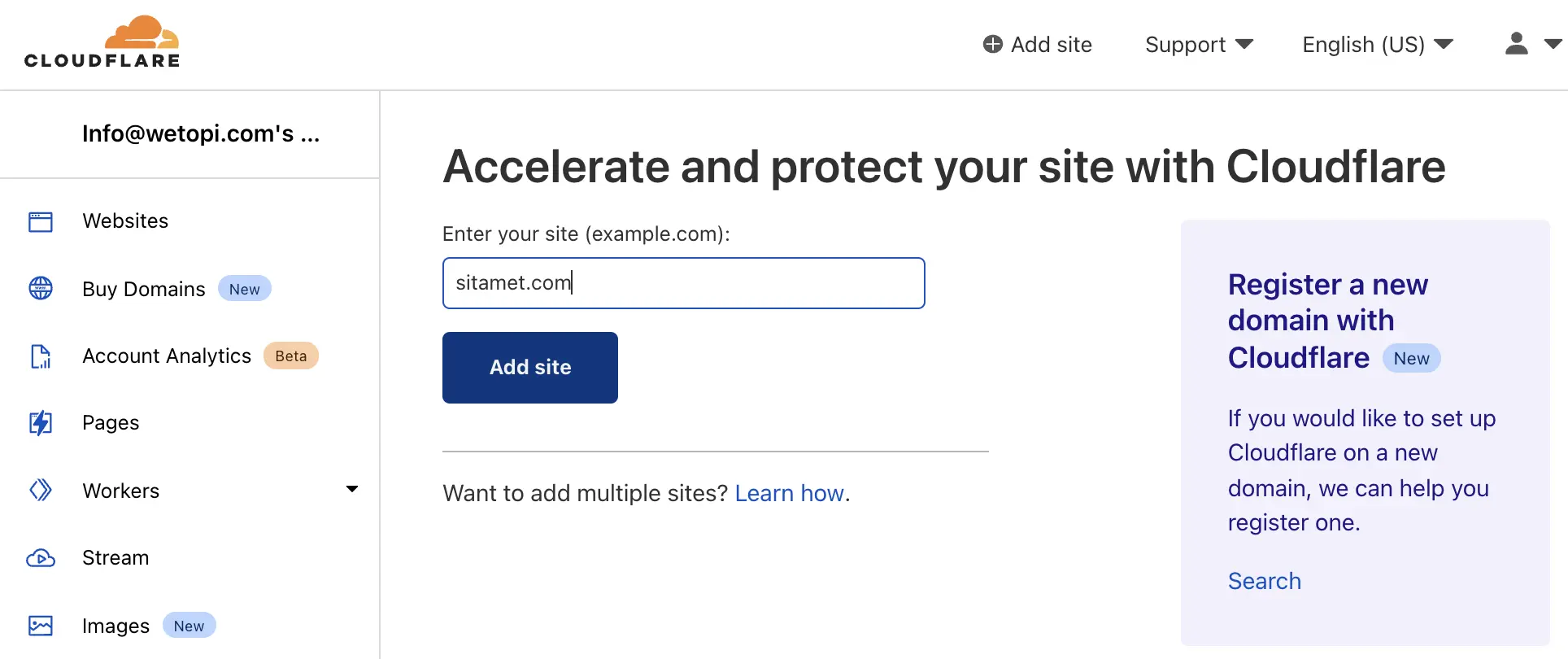 First step, adding our sitamet.com WordPress site with Cloudflare