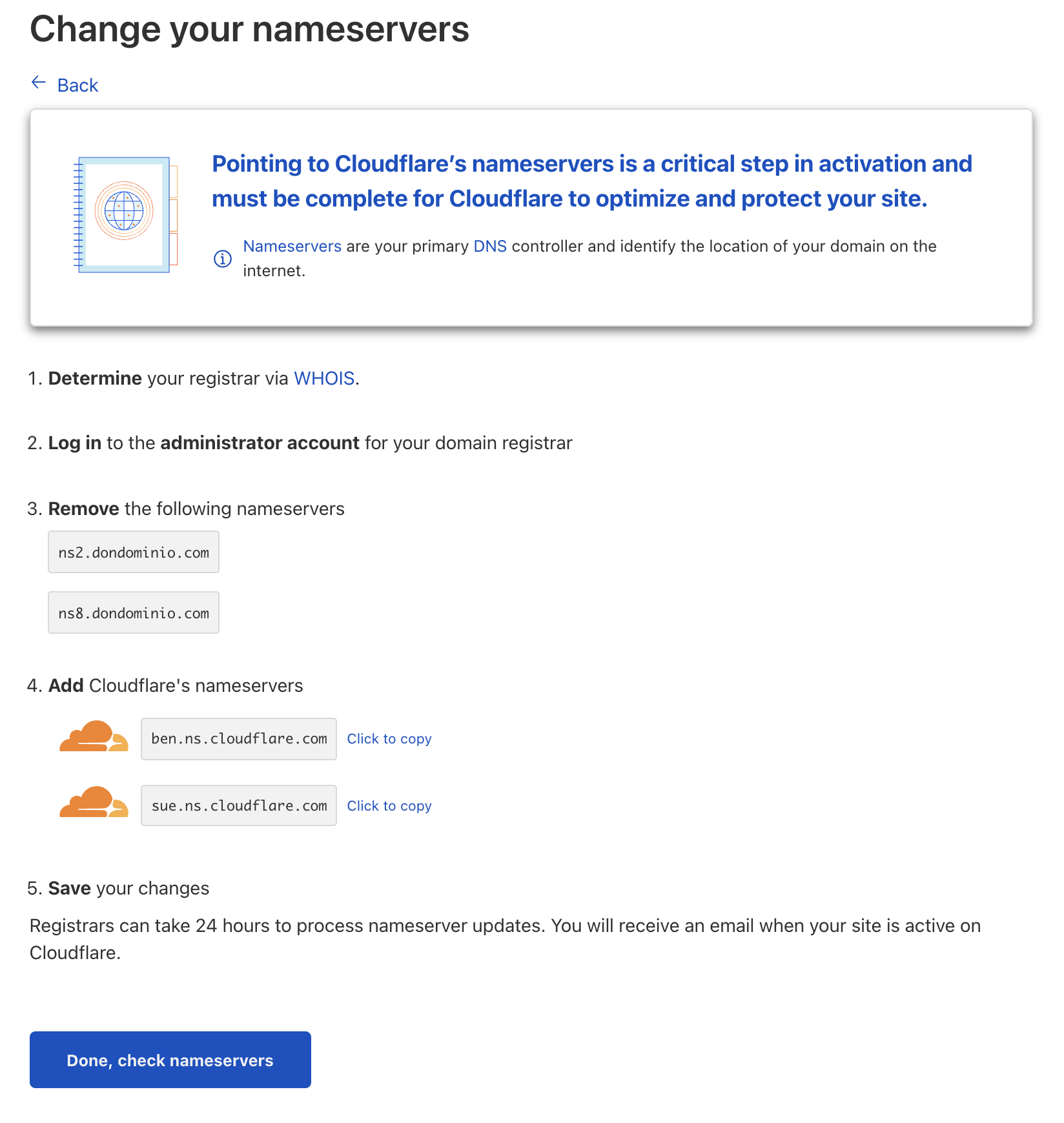 Screen where it indicates the change of NS to be able to improve the speed of WordPress with Cloudflare and its DNS network