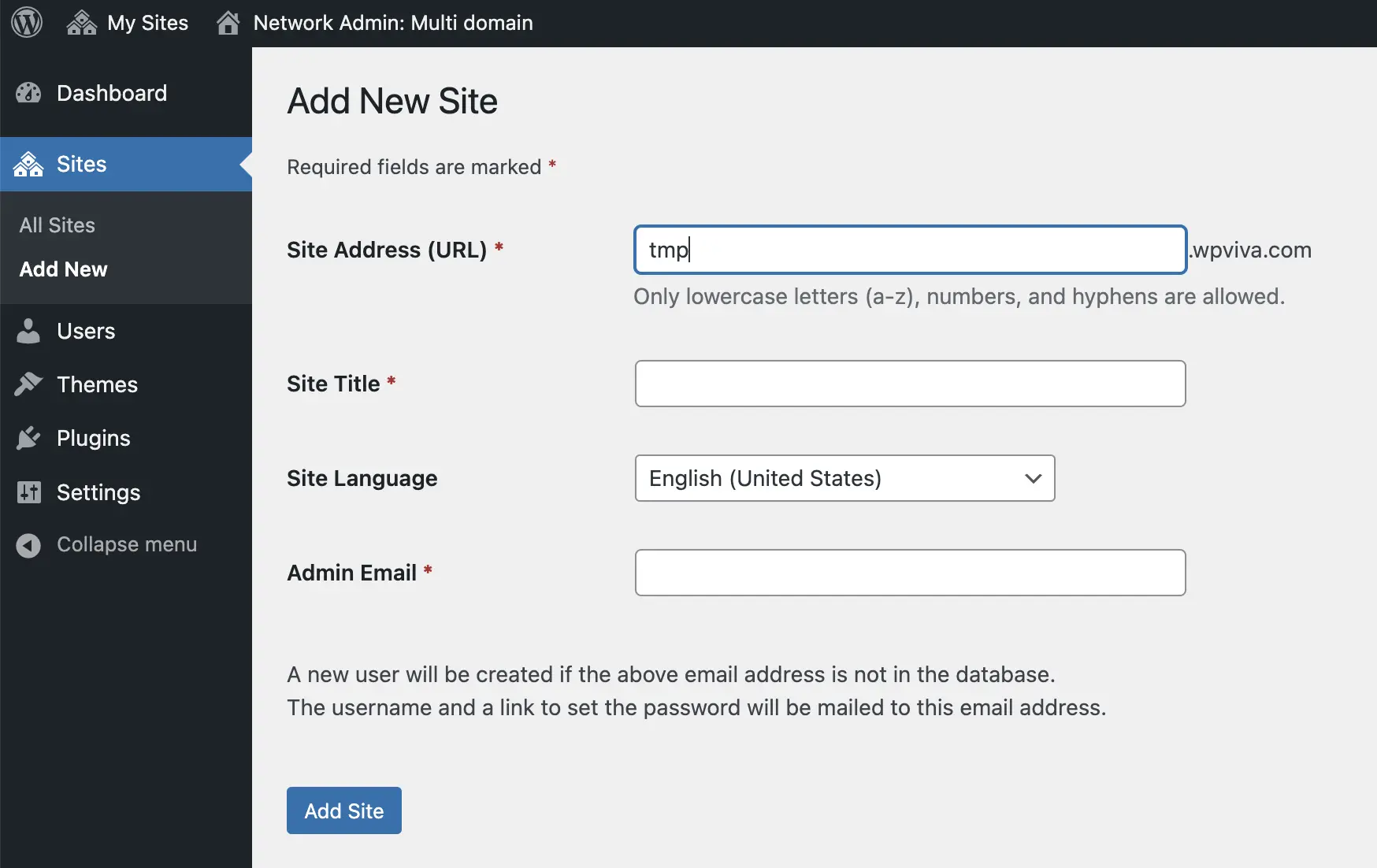 Add New Site form of WordPress multisite