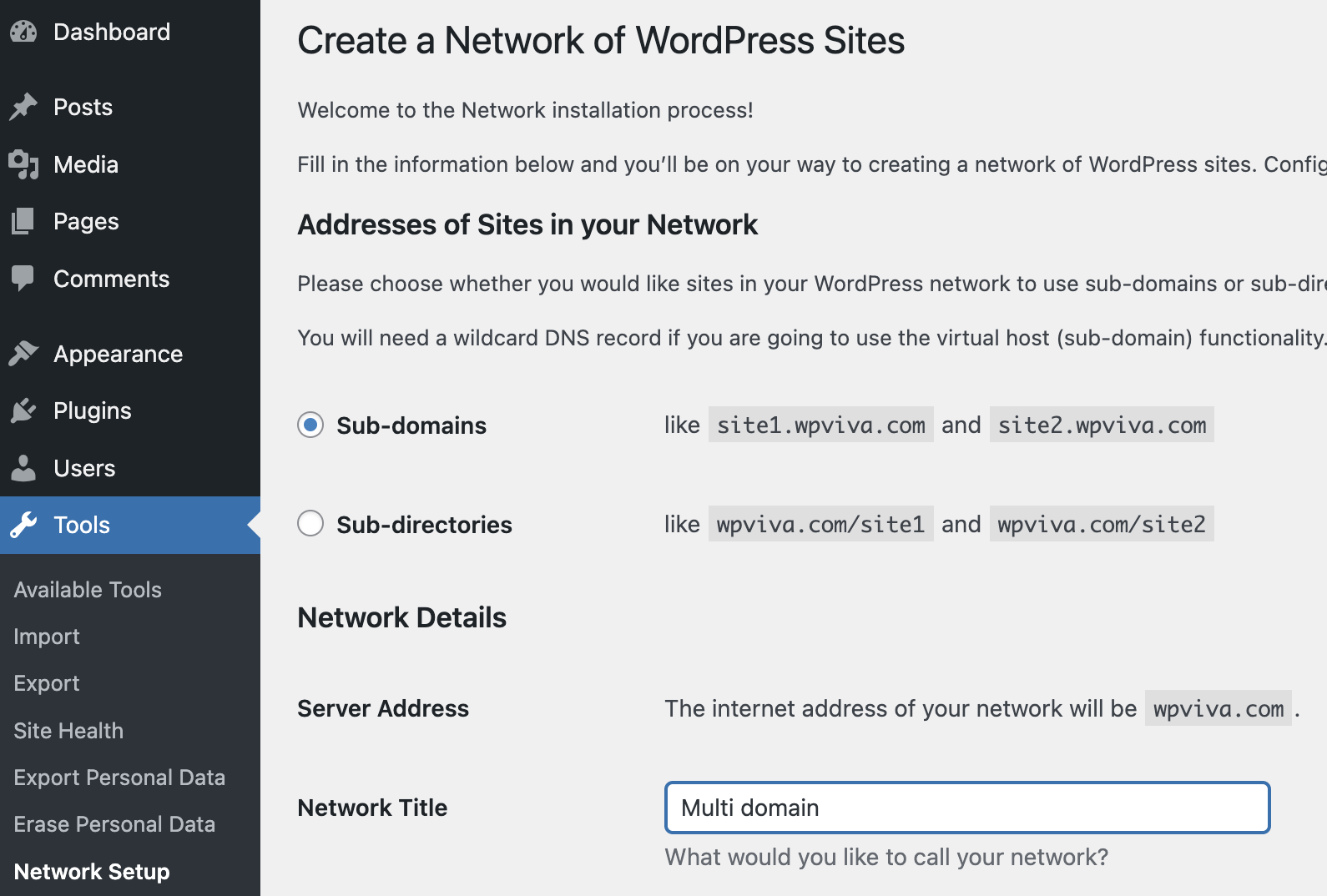 Create a Network of WordPress site under Sub-domains