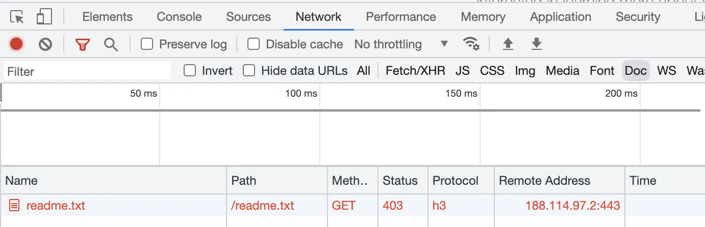 403 error code in browser developers panel