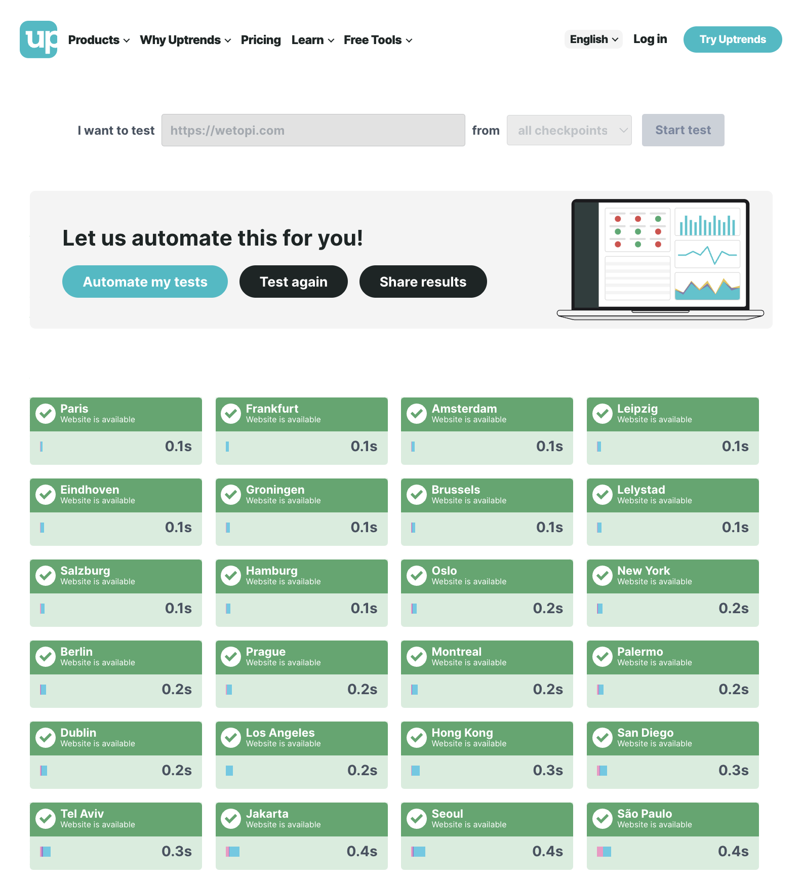 Uptrends Website Uptime Test result makes the hard work to tell if your server is the source for your 502 Bad Gateway error.