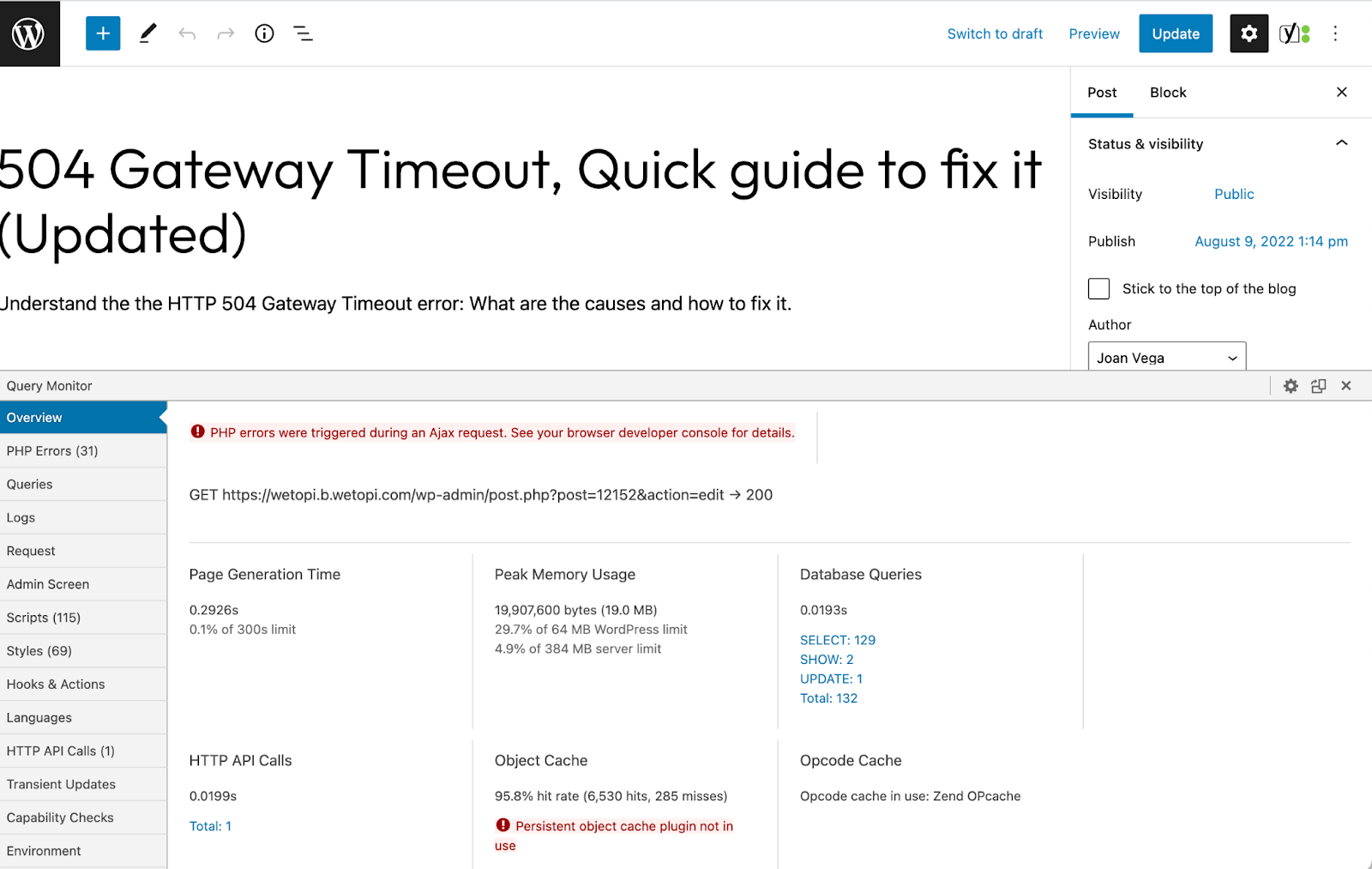 Query Monitor Page Generation Time, Queries and Object Cache information