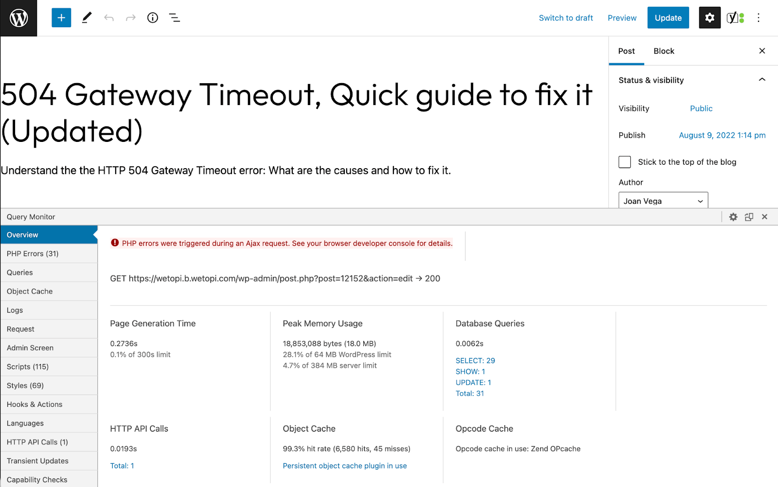 Page Generation Time, Database Queries and Redis Object Cache performance results