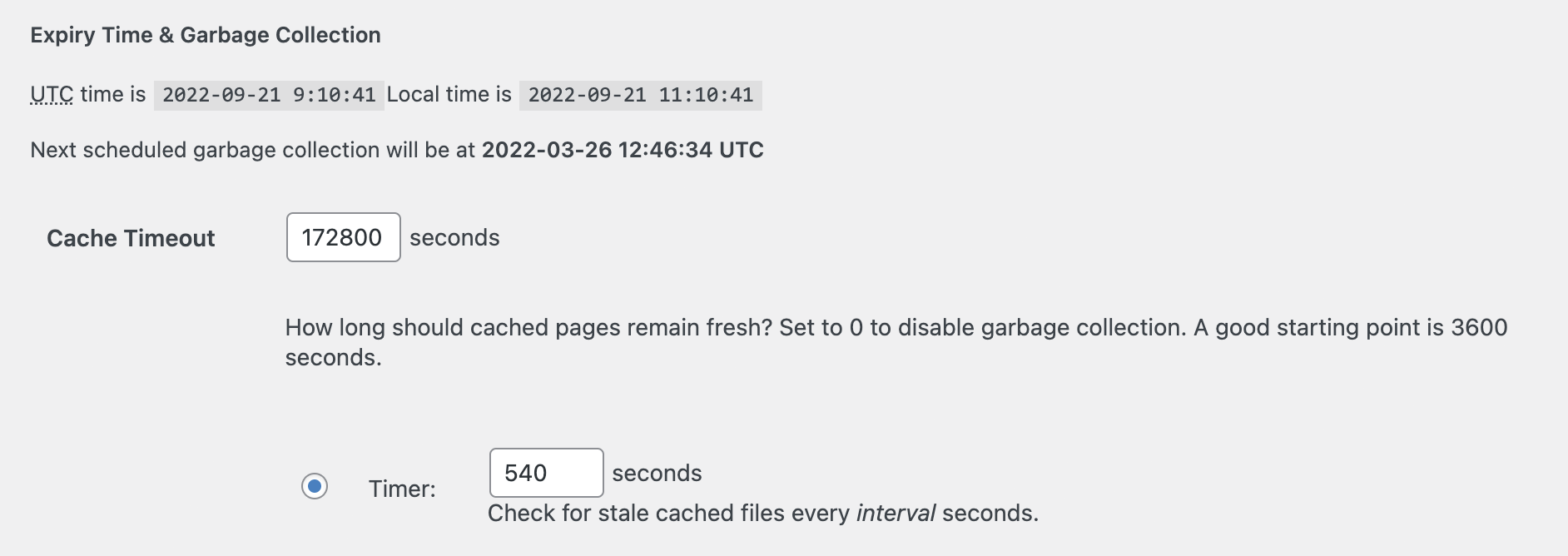 How to configure Wp Super Cache Expiration Time and Garbage Collection