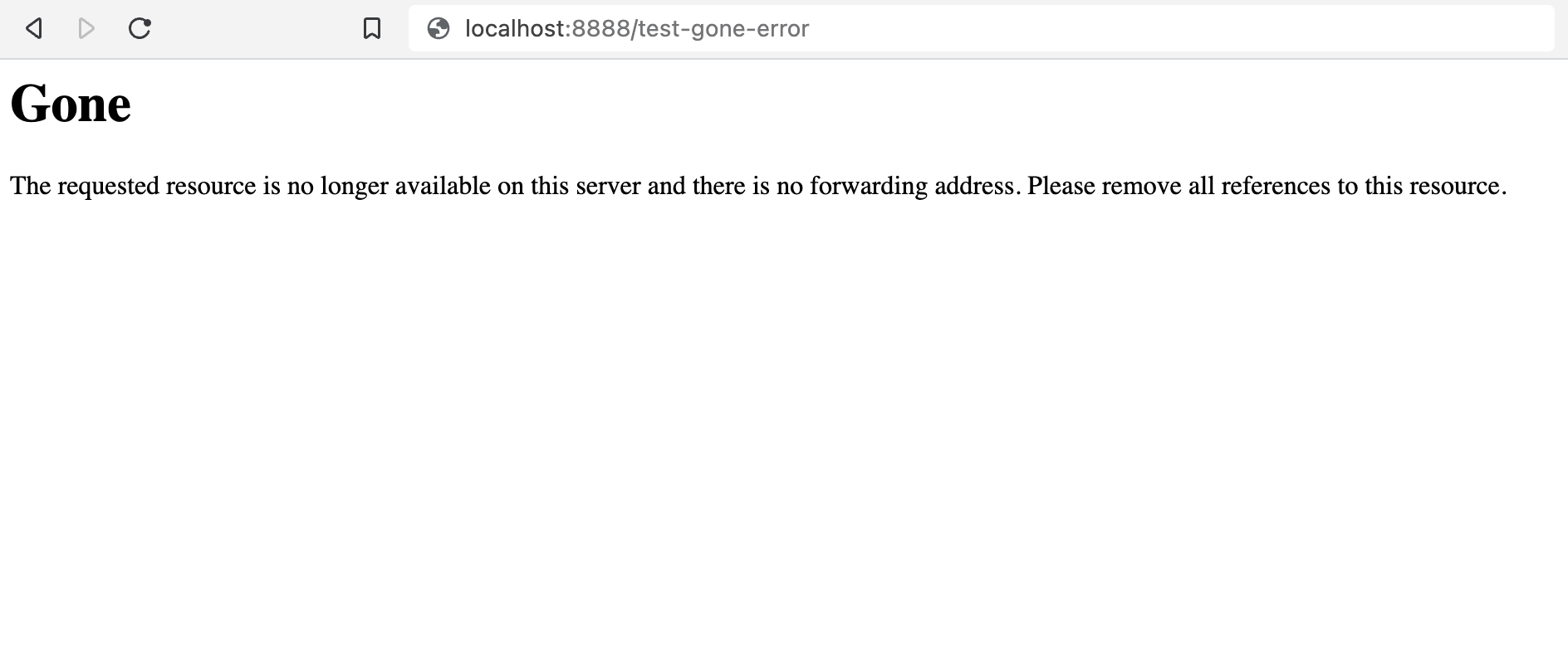 Screenshot by Apache of a localhost error page with the title 'Gone' and a message indicating the resource is no longer available and advising to remove all references to it.