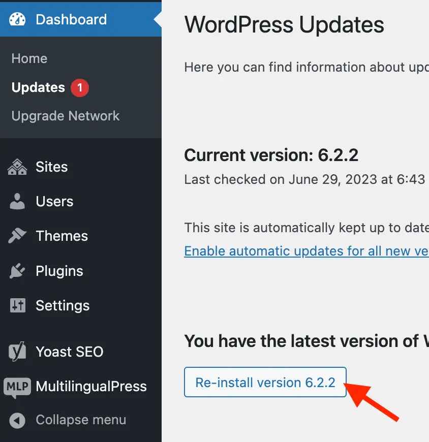 Reinstall current version from WordPress Updates page