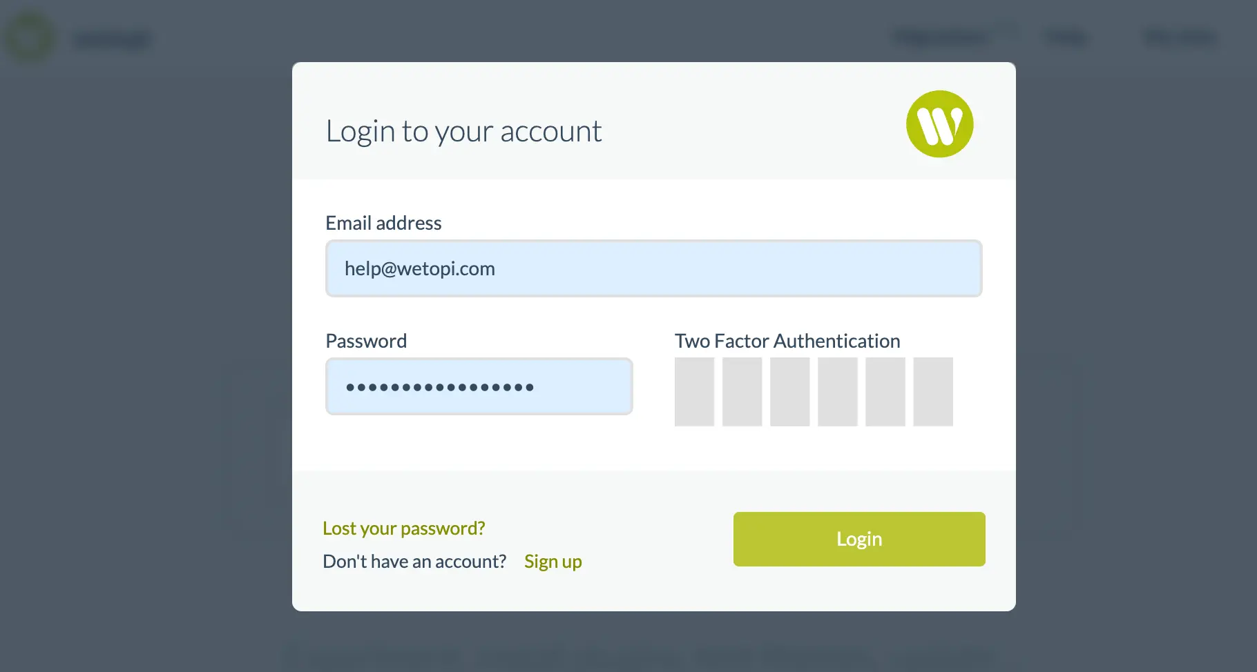 login protected with 2FA at Wetopi