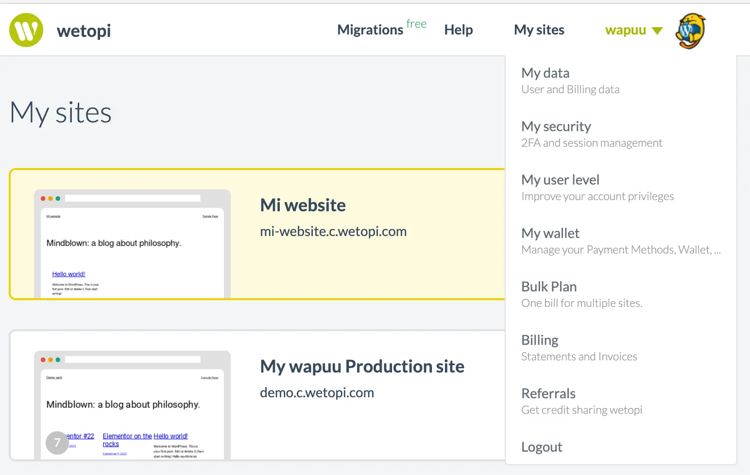 Wetopi Panel showing a dropdown menu with the option My security, and inside it, 2FA and session management configuration