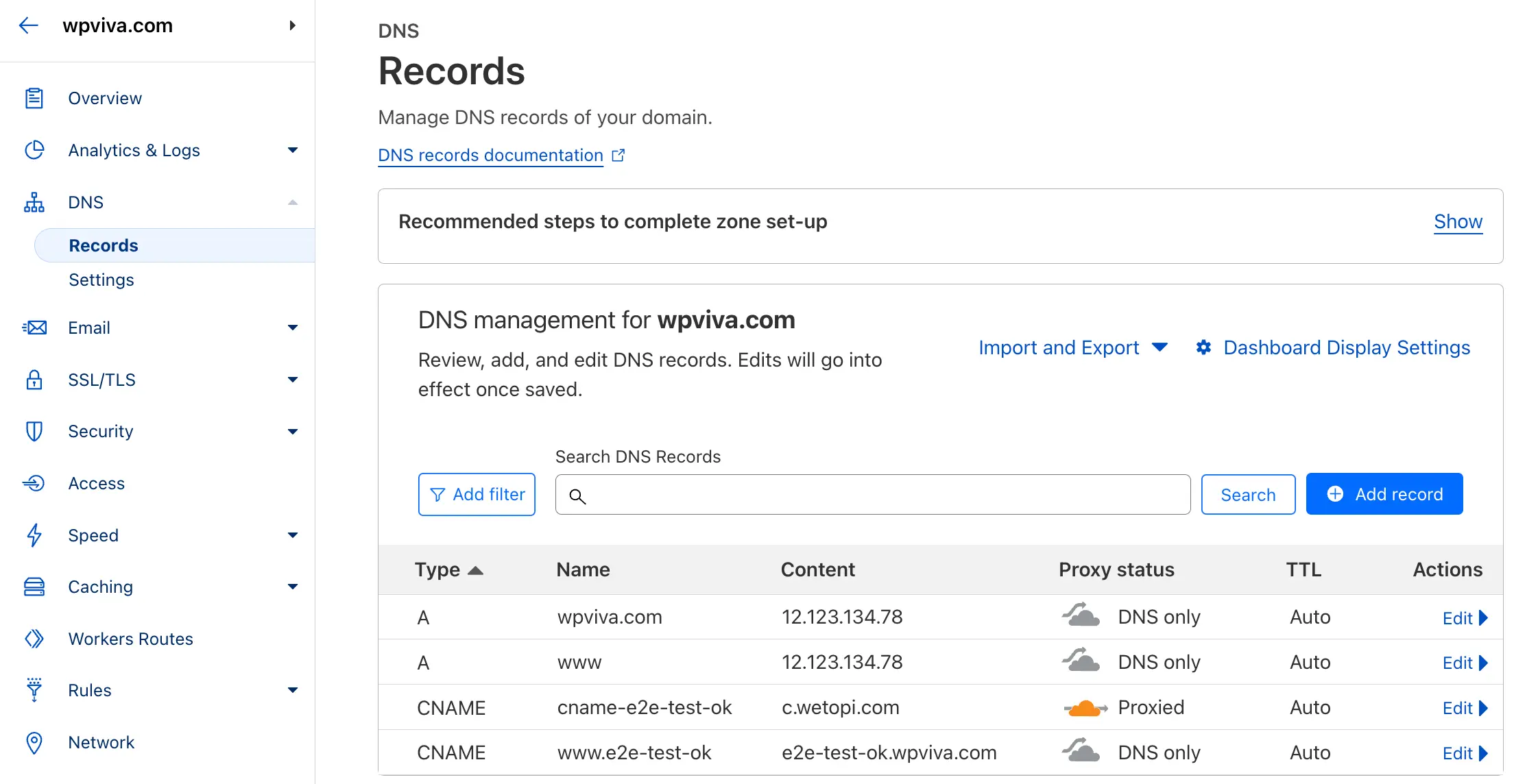 DNS management panel with Registries or DNS zones