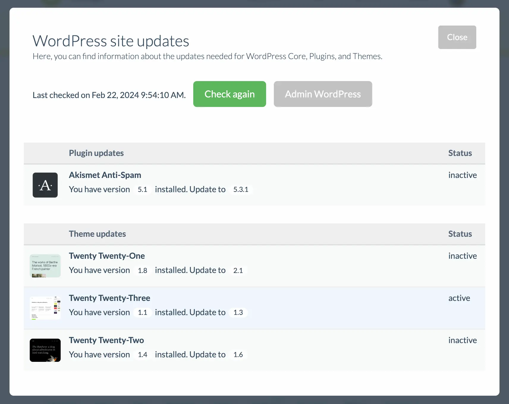 WordPress pending updates detailed list